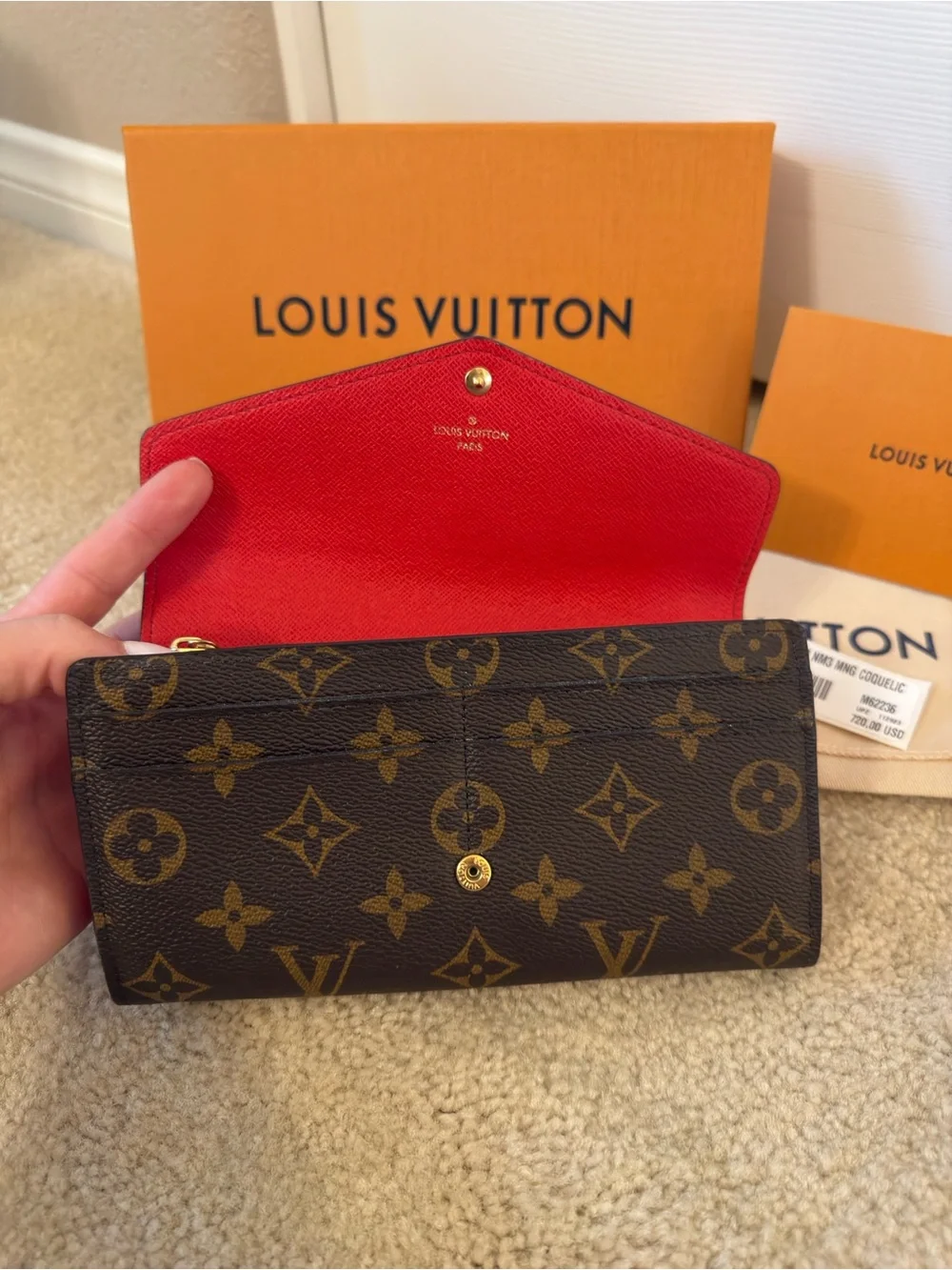 Louis Vuitton Monogram Sarah Wallet Brown/Red Interior Clutch Style